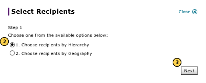 Select internal recipients by hierarchy, step 1 of 3.